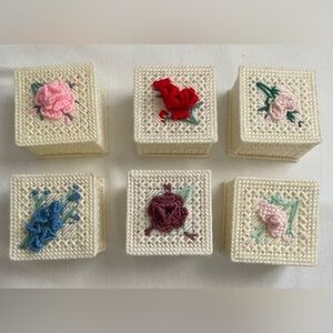 Set of 6 Handmade Plastic canvas & Yarn Floral Trinket Boxes